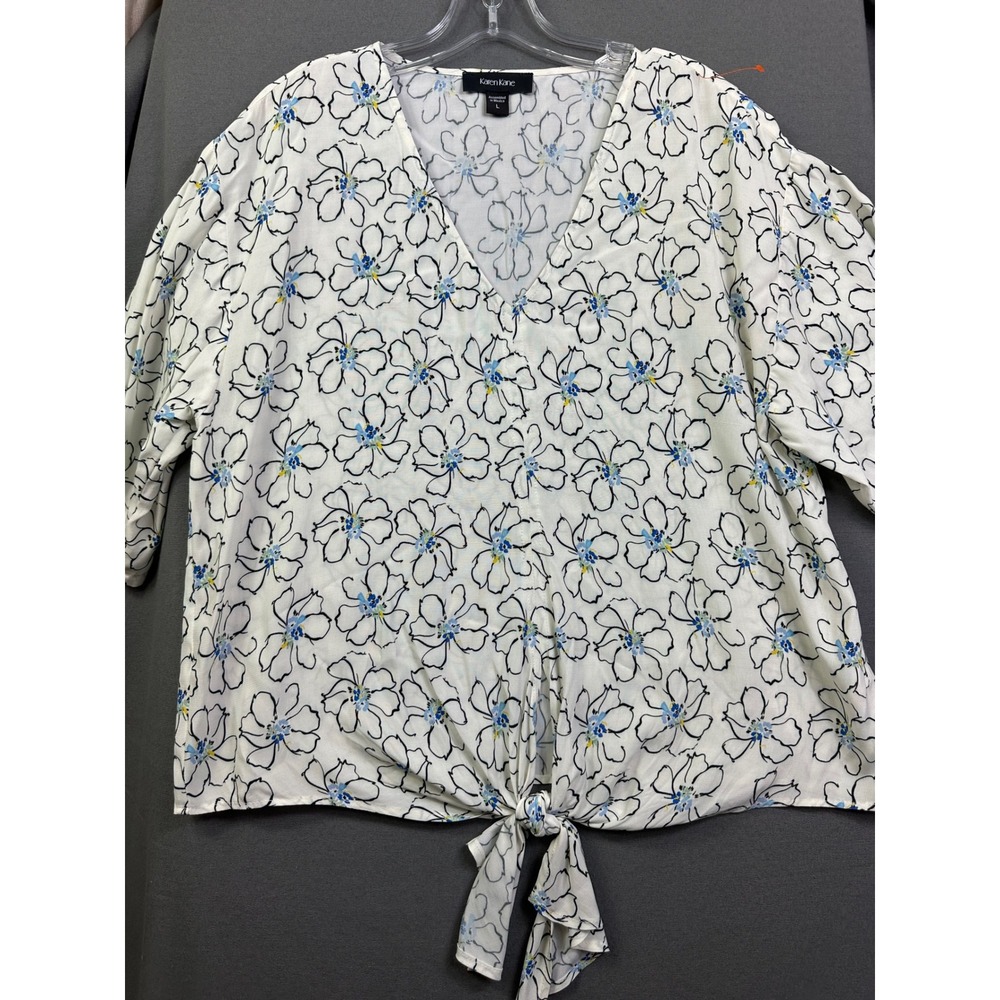 Karen Kane Women's White Blue Floral Tie Front V-Neck Blouse Top Size L